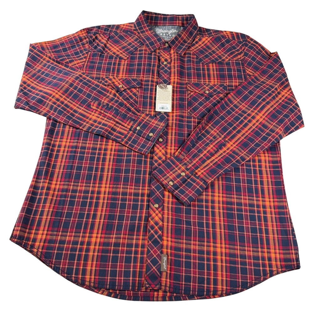 Wrangler Retro Premium Western Snap Plaid Herringbone Red Orange Mens XXL NWT